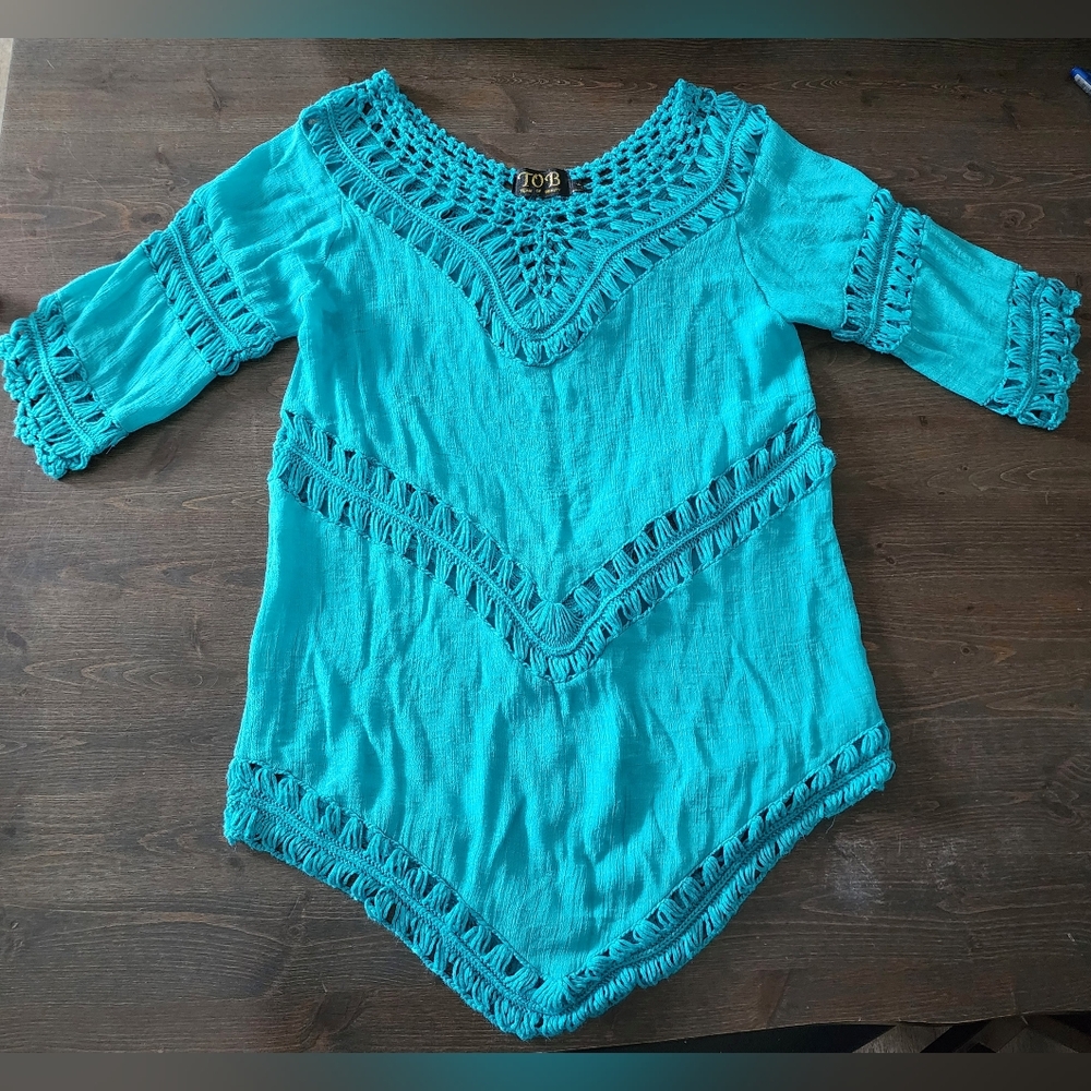 Women's Tourquoise Teal Blue Crochet Cutout Coverup Top